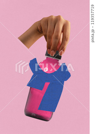 Contemporary art collage. Hand holding bottle, with shirt-shaped overlay. Simple visual metaphor linking health treatments to daily life. Ad 119357719