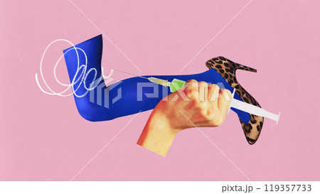 Contemporary art collage. Syringe with high heel represents beauty treatments and medical interventions. Bold, abstract, and surreal representation of healthcare Ad 119357733