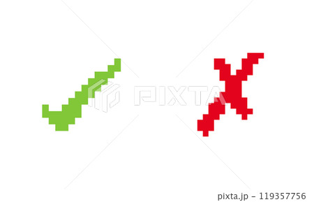 Check Mark Icon. Green Check and Red Cross Icon in Pixel Art Style. Check Box Icon with Right and Wrong Buttons. Isolated Vector Illustration 119357756