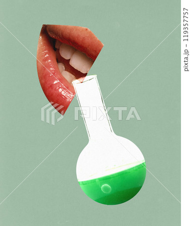 Contemporary art collage. Lip with lab flask highlights connection between beauty and medicine. Bold, abstract, and clean medical aesthetic. Ad 119357757