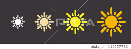 Retro Game Yellow Sun Isolated on Dark Background. Sun Pixel Art Icon Set. Vintage Video Game Symbol. Isolated Vector Illustration 119357758