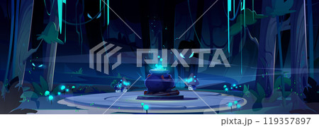 Spooky night forest landscape with witch cauldron 119357897