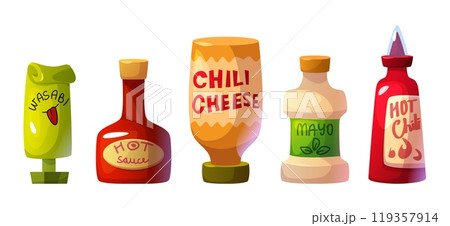 Tasty seasoning sauces in plastic and glass bottle 119357914