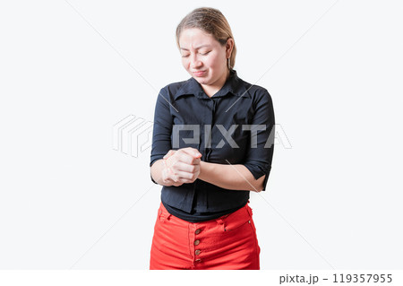 People with arthritis and hand pain isolated. Girl suffering with joint pain of hands. Woman suffering from arthritis in her hands People with arthritis and hand pain isolated. Girl suffering with joint pain of hands. Woman suffering from arthritis in her hands 119357955