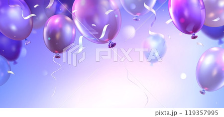 Purple birthday banner with balloons and confetti 119357995