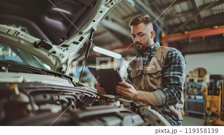 Auto mechanic in uniform is holding in his hands a digital tablet while servicing a car in an automotive workshop. Auto repair shop. Auto mechanic in uniform is holding in his hands a digital tablet while servicing a car in an automotive workshop. Auto repair shop. 119358139
