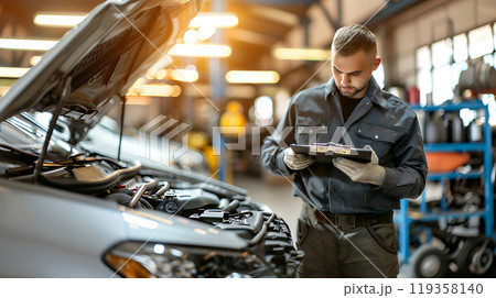 The car mechanic are checking the results of the car engine diagnostics on a notepad. Car maintenance service. Modern transportation. Support car insurance service. The car mechanic are checking the results of the car engine diagnostics on a notepad. Car maintenance service. Modern transportation. Support car insurance service. 119358140