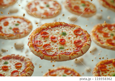A pepperoni pizza with melted cheese floating...のイラスト素材 [119358362] - PIXTA