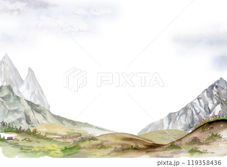 Scenery landscape, mountain range snowy peaks cliffs alpine vista, cloudy sky, rolling hills prarie moorland hand drawn in watercolor. Frame for tourism, resort ads, hiking camping sites vacation. Scenery landscape, mountain range snowy peaks cliffs alpine vista, cloudy sky, rolling hills prarie moorland hand drawn in watercolor. Frame for tourism, resort ads, hiking camping sites vacation. 119358436