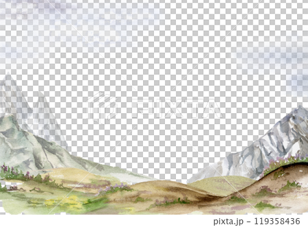 Scenery landscape, mountain range snowy peaks cliffs alpine vista, cloudy sky, rolling hills prarie moorland hand drawn in watercolor. Frame for tourism, resort ads, hiking camping sites vacation. Scenery landscape, mountain range snowy peaks cliffs alpine vista, cloudy sky, rolling hills prarie moorland hand drawn in watercolor. Frame for tourism, resort ads, hiking camping sites vacation. 119358436