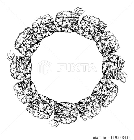 Traditional Japanese food, gunkan sushi with raw fish salmon tuna crab, nori wrap, caviar cucumber ginger hand drawn in vector pen, ink. Wreath frame for restaurant, cafe menu, kitchen, recipe book Traditional Japanese food, gunkan sushi with raw fish salmon tuna crab, nori wrap, caviar cucumber ginger hand drawn in vector pen, ink. Wreath frame for restaurant, cafe menu, kitchen, recipe book 119358439