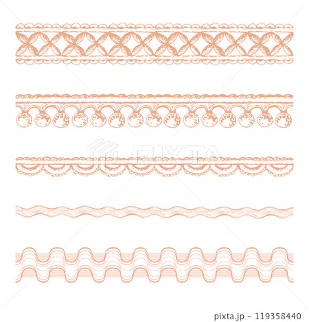 Ribbon lace braid zigzag tassel, sewing craft embroidery supplies. Hand drawn ink vector illustration. Set of objects isolated on white background. Design atelier, tailor, hobby shop, fashion boutique 119358440
