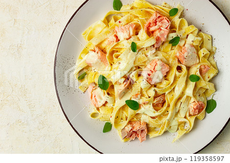 tagliatelle pasta, in cream sauce with salmon, homemade, no people, tagliatelle pasta, in cream sauce with salmon, homemade, no people, 119358597