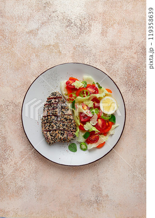 fillet of red tuna meat, fried in sesame seeds, homemade, close-up, no people, 119358639