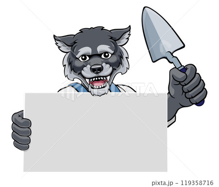 Bricklayer Wolf Trowel Tool Handyman Mascot Bricklayer Wolf Trowel Tool Handyman Mascot 119358716