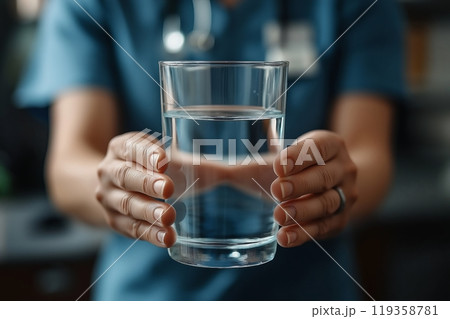 A close up of hands presenting a glass of water, symbolizing care and hydration in a healthcare setting 119358781