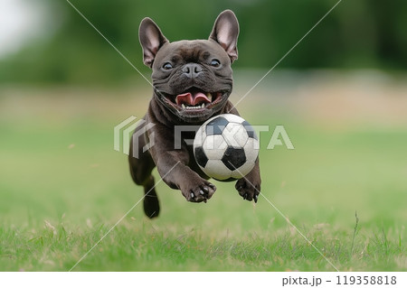 A joyful French bulldog runs across the grass with soccer ball in its mouth ears flopping in motion 119358818