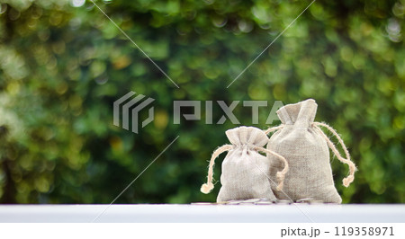 A burlap sack standing and another lying with coins spilling out onto a white surface, set against a blurred background of bushes, representing financial planning and budgeting. A burlap sack standing and another lying with coins spilling out onto a white surface, set against a blurred background of bushes, representing financial planning and budgeting. 119358971