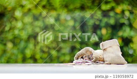 A burlap sack standing and another lying with coins spilling out onto a white surface, set against a blurred background of bushes, representing financial planning and budgeting. A burlap sack standing and another lying with coins spilling out onto a white surface, set against a blurred background of bushes, representing financial planning and budgeting. 119358972
