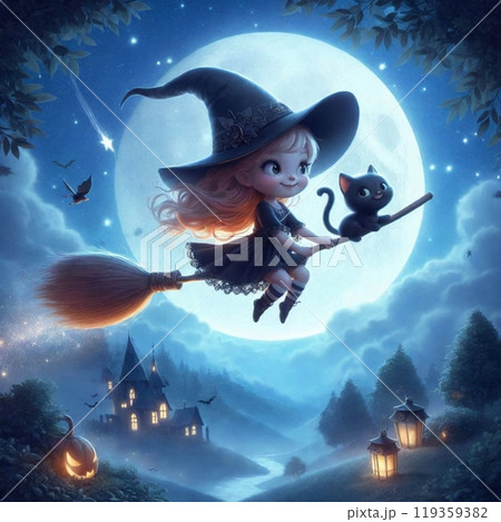 魔法のほうきに乗って夜空を駆ける小さな魔女と黒猫 魔法のほうきに乗って夜空を駆ける小さな魔女と黒猫 119359382
