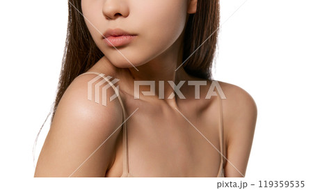 Cropped image of female face, nose and lips. Lip hydration products. Concept of natural beauty, skincare, cosmetics and cosmetology 119359535