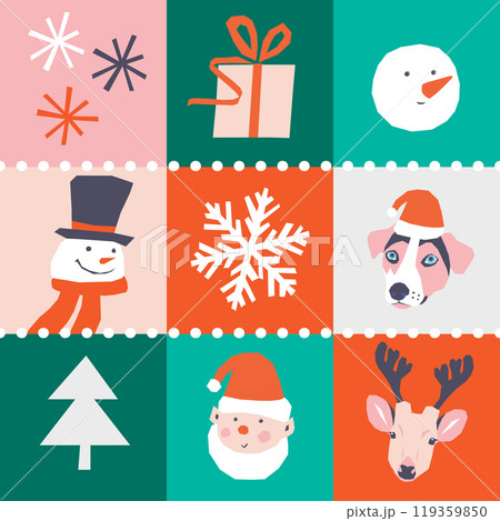 Vector seamless checkered pattern with elf and snowman, deer and dog, gift and Christmas tree 119359850