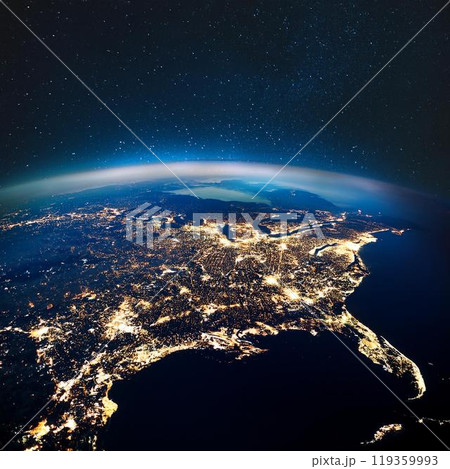 夜の地球を宇宙から見た風景。大陸ごとに明るく輝く都市の灯が、まるで星座のよう 119359993