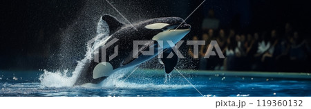 An orca performs a high leap during a night show, illuminated by dramatic lighting and splashes 119360132