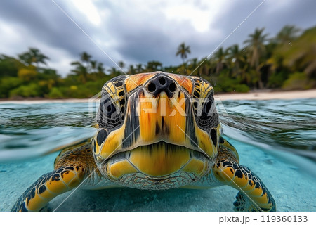 A sea turtles face emerges from the water in a tropical setting with palm trees in the background 119360133
