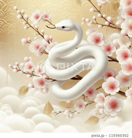 金箔とミストに包まれた白蛇と桜 金箔とミストに包まれた白蛇と桜 119360302