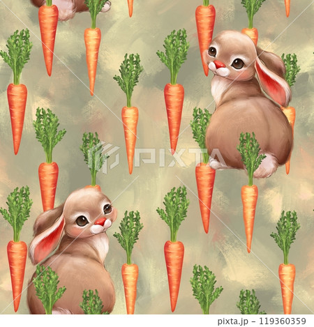 Rabbit pattern. Bunny and carrots. Seamless cute background for fabric, kid party, kitchen, Easter card. Rabbit pattern. Bunny and carrots. Seamless cute background for fabric, kid party, kitchen, Easter card. 119360359