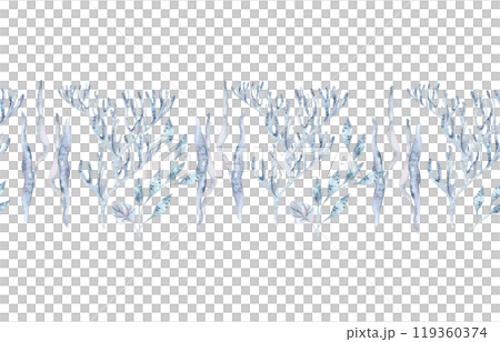 Seaweeds, corals delicate watercolor seamless border isolated. Monochrome soft blue sea plants reefs and laminaria on repeated banner hand drawn. Botanical underwater plants design wallpaper border. 119360374