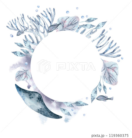 Undersea circle frame in blue monochrome with coral, fish, and kelp plants watercolor isolated . Stingray, fishes, bubbles in dusty blue and indigo tones hand drawn ocean creatures. Sea life wreath. Undersea circle frame in blue monochrome with coral, fish, and kelp plants watercolor isolated . Stingray, fishes, bubbles in dusty blue and indigo tones hand drawn ocean creatures. Sea life wreath. 119360375