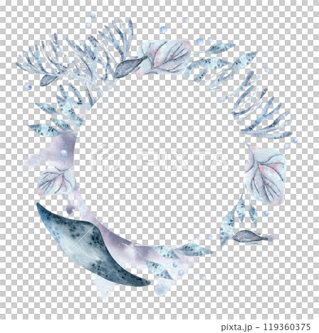 Undersea circle frame in blue monochrome with coral, fish, and kelp plants watercolor isolated . Stingray, fishes, bubbles in dusty blue and indigo tones hand drawn ocean creatures. Sea life wreath. Undersea circle frame in blue monochrome with coral, fish, and kelp plants watercolor isolated . Stingray, fishes, bubbles in dusty blue and indigo tones hand drawn ocean creatures. Sea life wreath. 119360375
