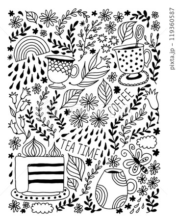 Flowers and leafs vector illustration, with tea and coffee cups, branches, rainbow, clouds, floral background 119360587
