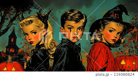 Children in Halloween costumes on Halloween eve, retro illustration 119360824