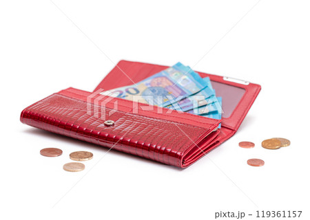 Opened Red Women Purse with 20 Euro Banknotes Inside and Scattered Euro Cent Coins Opened Red Women Purse with 20 Euro Banknotes Inside and Scattered Euro Cent Coins 119361157