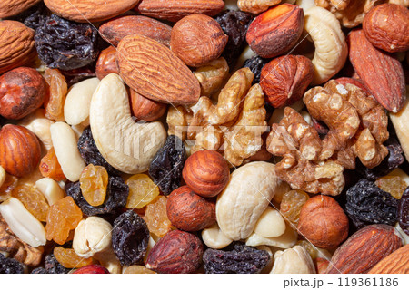 Mixed Nuts: Almonds, Walnuts, Cashews, Peanuts, Hazelnuts, Dried Prunes and Raisins 119361186