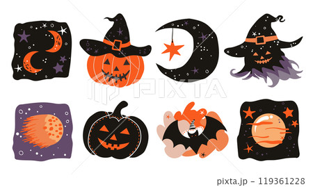 Set of isolated cute Halloween decoration elements for sticker, badge, tag or label on a transparent background, Volume 11: Black, purple and orange color tones. 119361228