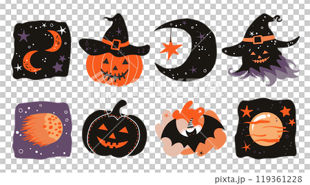Set of isolated cute Halloween decoration elements for sticker, badge, tag or label on a transparent background, Volume 11: Black, purple and orange color tones. 119361228