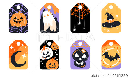 Set of isolated cute Halloween decoration elements for sticker, badge, tag or label on a transparent background, Volume 12: Black, purple and orange color tones. 119361229