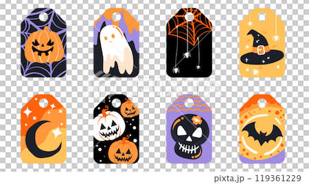 Set of isolated cute Halloween decoration elements for sticker, badge, tag or label on a transparent background, Volume 12: Black, purple and orange color tones. 119361229