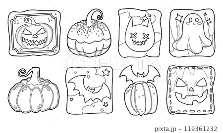 Set of isolated cute Halloween decoration elements for sticker, badge, tag or label on a transparent background, Volume 13: Black outline with white plain. 119361232
