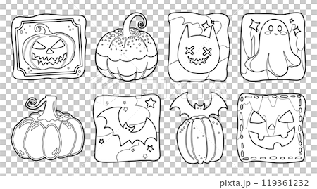 Set of isolated cute Halloween decoration elements for sticker, badge, tag or label on a transparent background, Volume 13: Black outline with white plain. 119361232