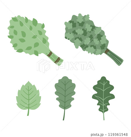 Sauna, bathhouse brooms illustration in cartoon flat style. Birch and oak brooms, leaves hand drawn design element. Vector illustration 119361548