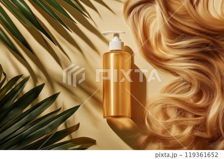 A golden pump bottle with flowing blonde hair, surrounded by palm leaves casting soft shadows 119361652