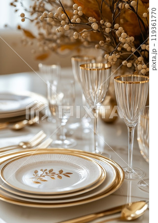 Elegant dining table setting with gold-rimmed...のイラスト素材 [119361770] - PIXTA