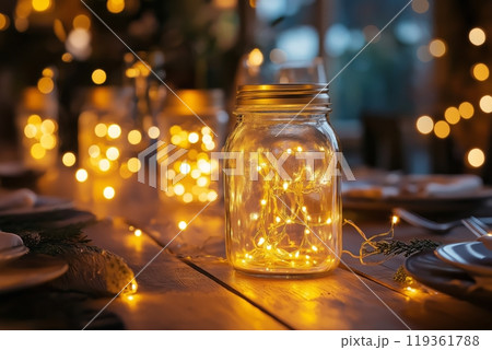Multiple mason jars with fairy lights glowing on a rustic wooden table during the evening 119361788