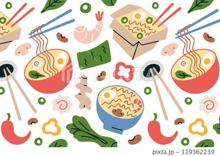 Ramen bowls pattern with shrimp, tofu, ginger and noodle soup ingredients. Bok choy, nori, and vegetables print. Vector illustration in flat cartoon style. Food design for culinary backgrounds 119362239