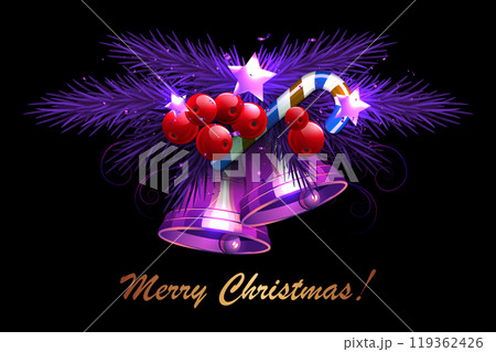 Isolated design component. Christmas composition of fir branches, bells of purple gradient Isolated design component. Christmas composition of fir branches, bells of purple gradient 119362426